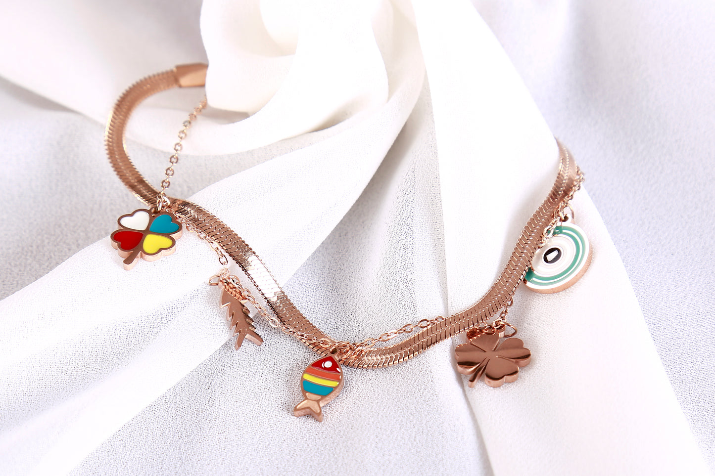 Rose Gold Multi-Charm Bracelet – Evil Eye, Clover, Fish, Arrow & Heart Enamel Accents