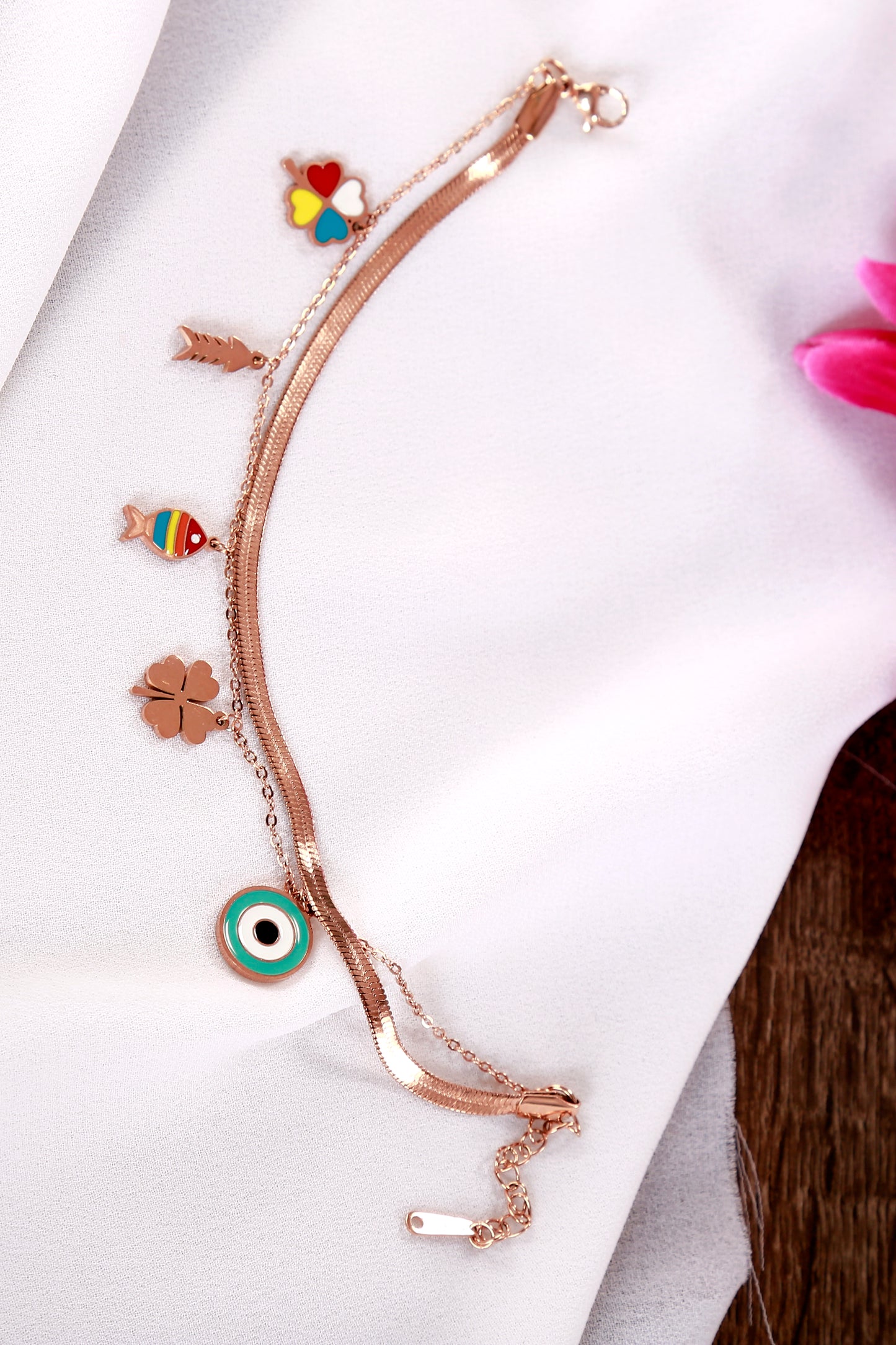Rose Gold Multi-Charm Bracelet – Evil Eye, Clover, Fish, Arrow & Heart Enamel Accents