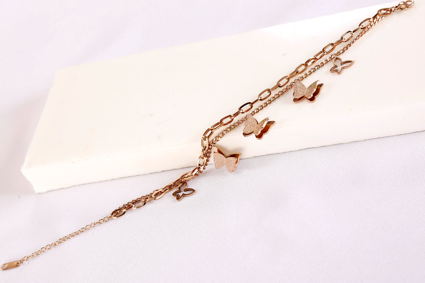 Double Chain Butterfly Charm Bracelet – Elegant Layered Design