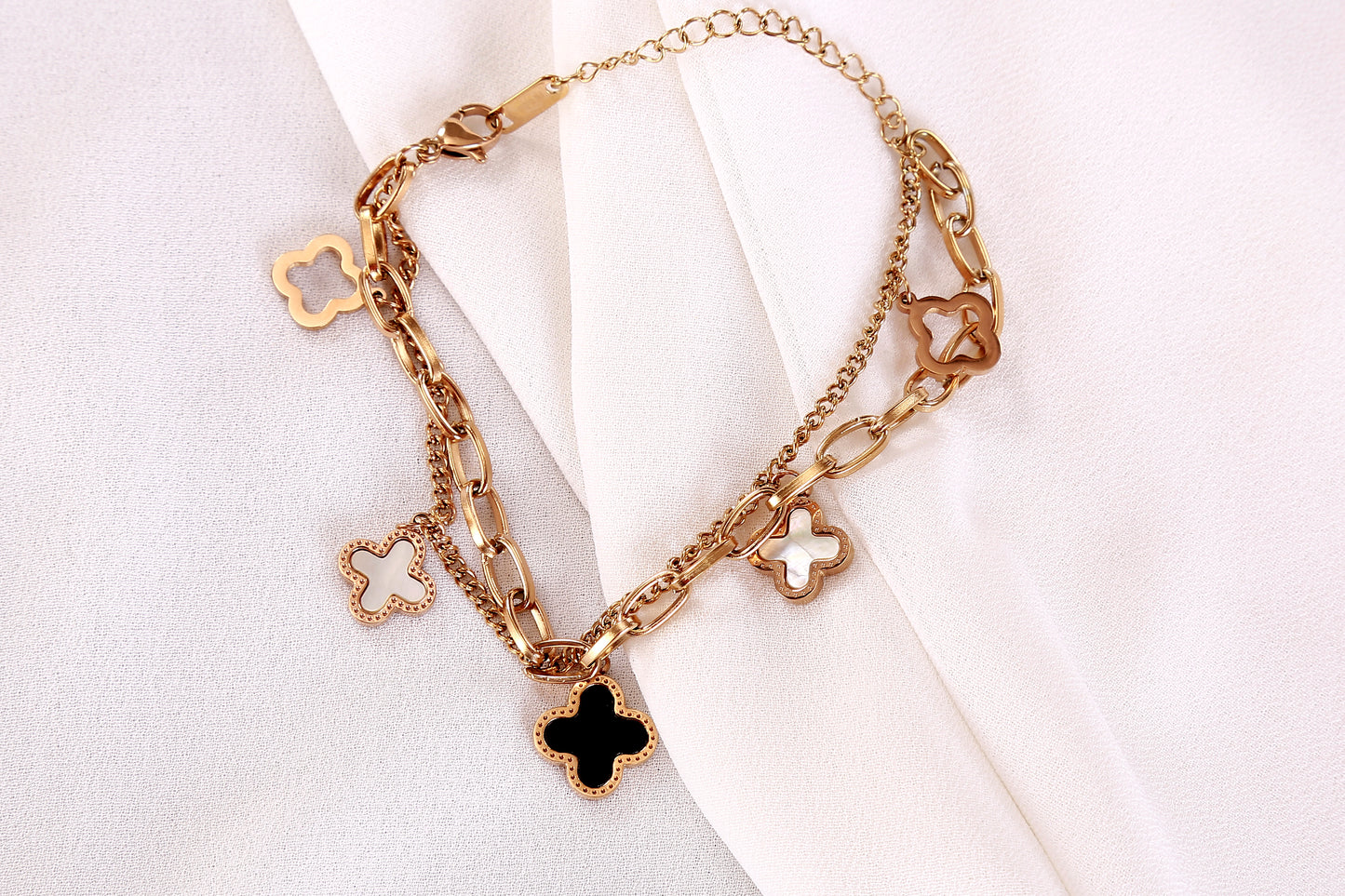 Rose Gold Clover Charm Bracelet – Dual Chain with Black & White Enamel Accents