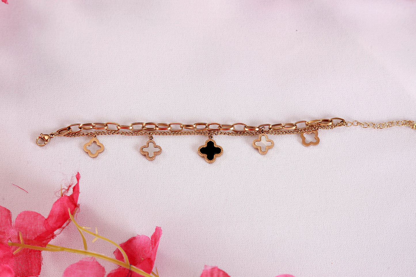 Rose Gold Clover Charm Bracelet – Dual Chain with Black & White Enamel Accents