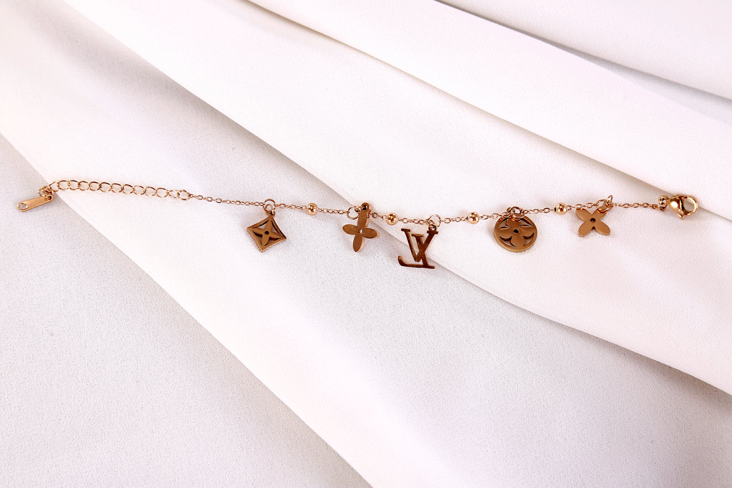 Rose Gold Designer-Inspired Charm Bracelet – Floral Motifs & Monogram Letter Accents