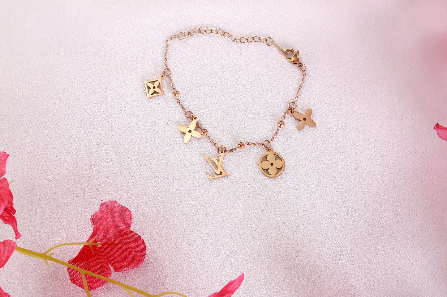 Rose Gold Designer-Inspired Charm Bracelet – Floral Motifs & Monogram Letter Accents