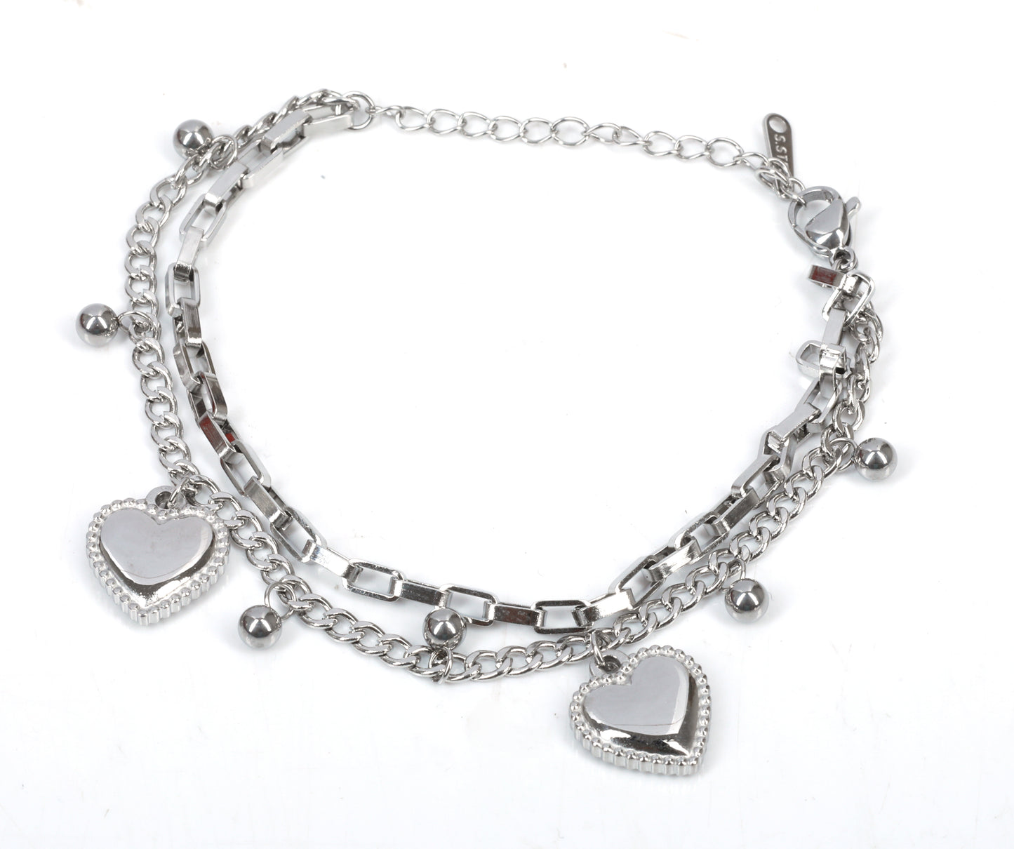 Silver-Tone Layered Chain Bracelet with Heart Charms