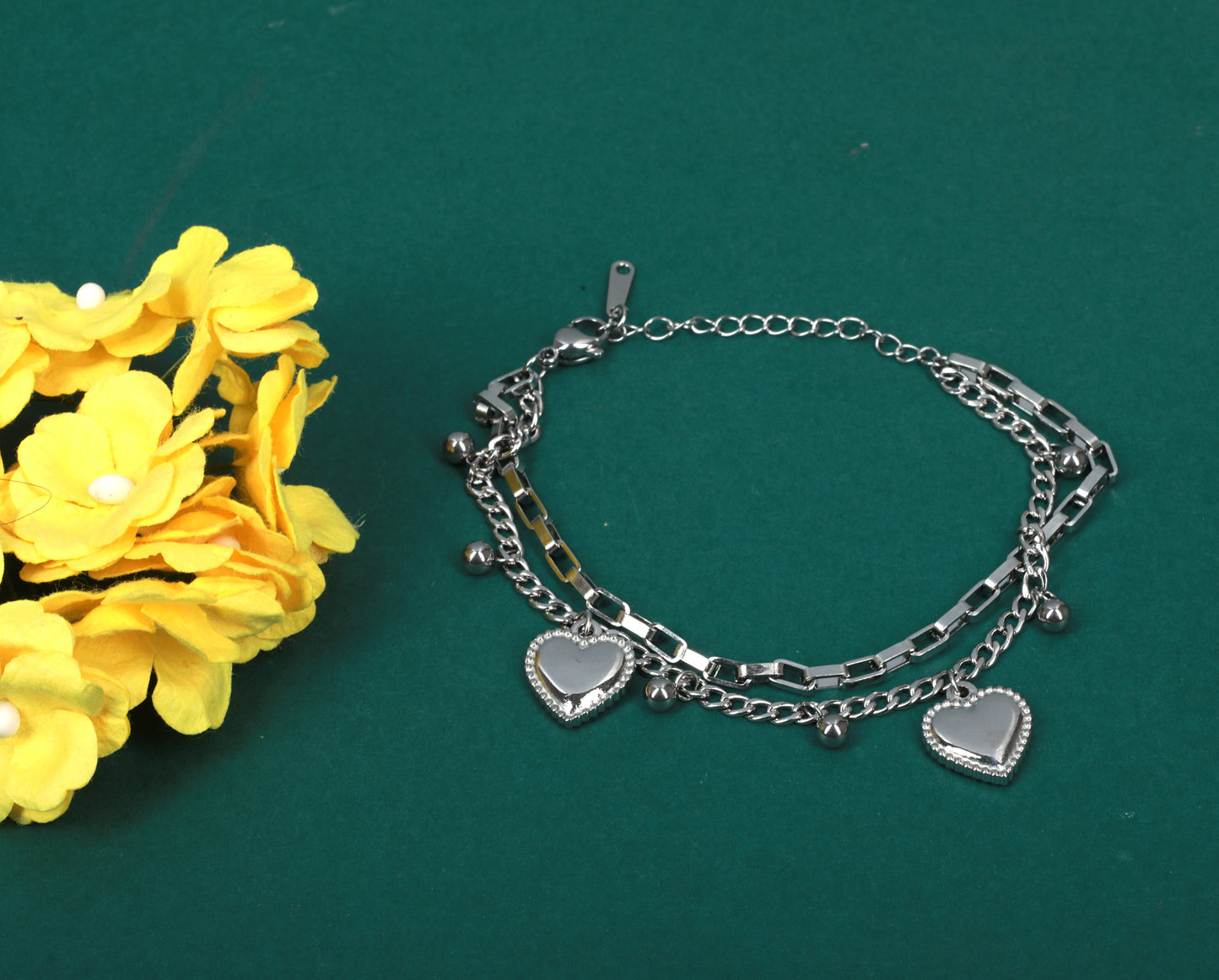 Silver-Tone Layered Chain Bracelet with Heart Charms