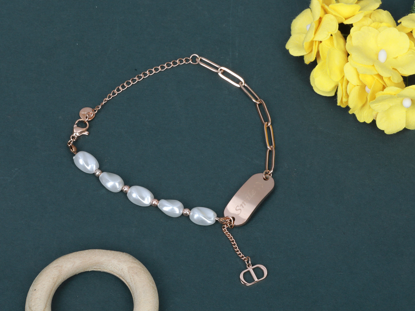 Pearl & Chain Link Bracelet with Smile Charm