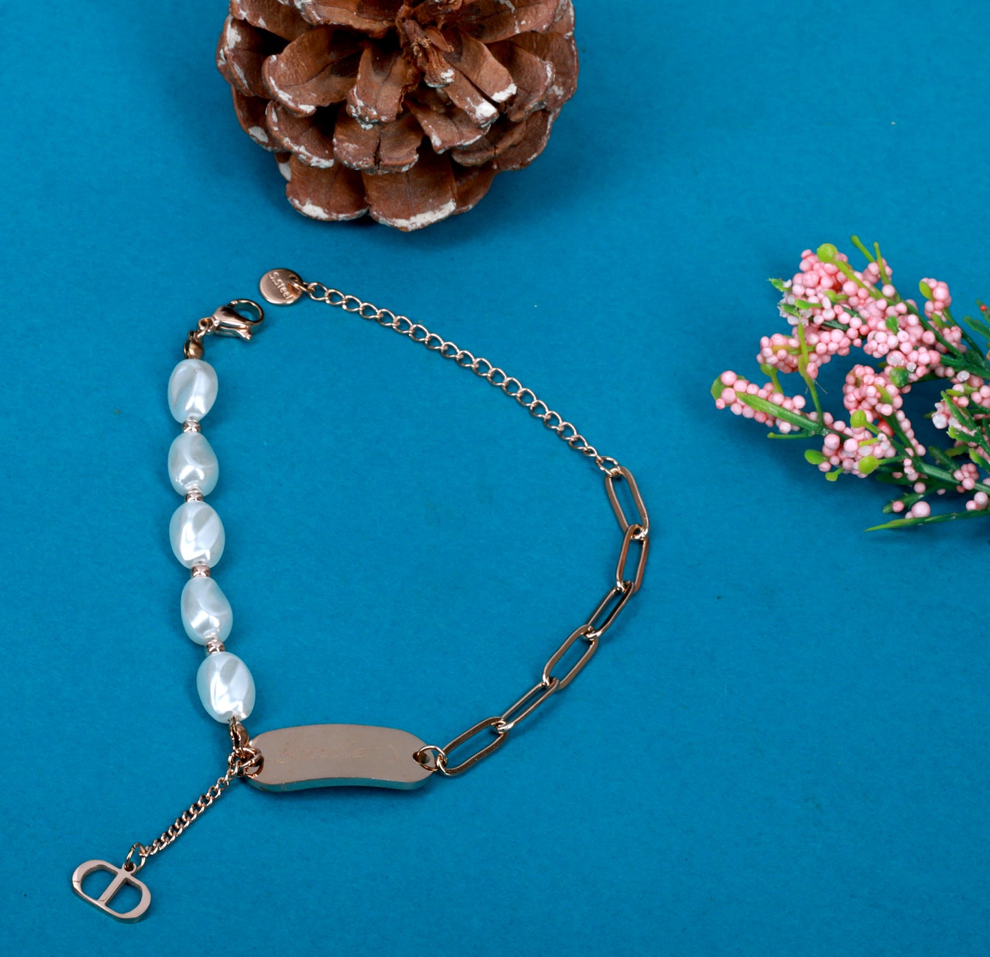 Pearl & Chain Link Bracelet with Smile Charm