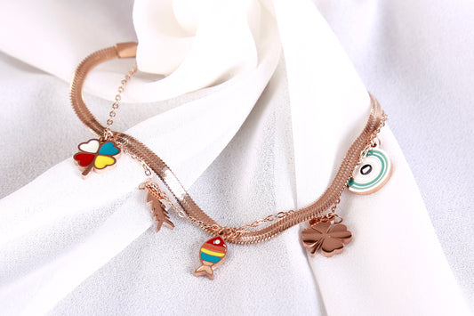 Rose Gold Multi-Charm Bracelet – Evil Eye, Clover, Fish, Arrow & Heart Enamel Accents