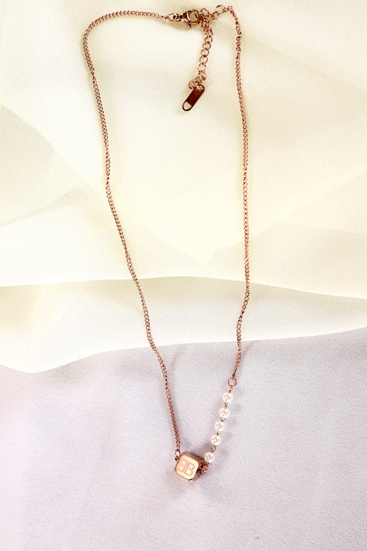Rose Gold Pearl Cube Pendant Necklace