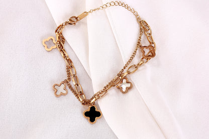 Rose Gold Clover Charm Bracelet – Dual Chain with Black & White Enamel Accents