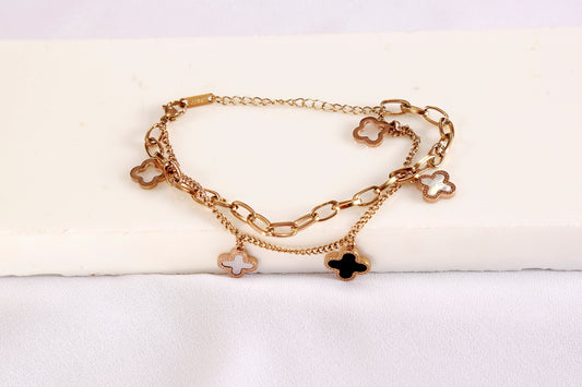 Rose Gold Clover Charm Bracelet – Dual Chain with Black & White Enamel Accents