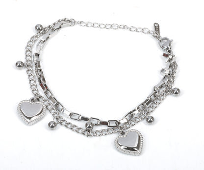 Silver-Tone Layered Chain Bracelet with Heart Charms