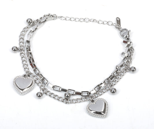 Silver-Tone Layered Chain Bracelet with Heart Charms